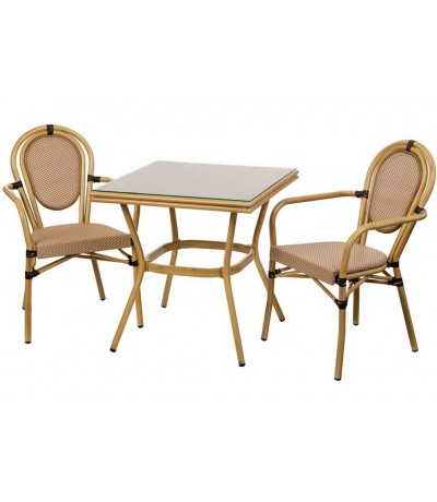 Set mesa y dos sillas de ratán sintético estilo boho exterior