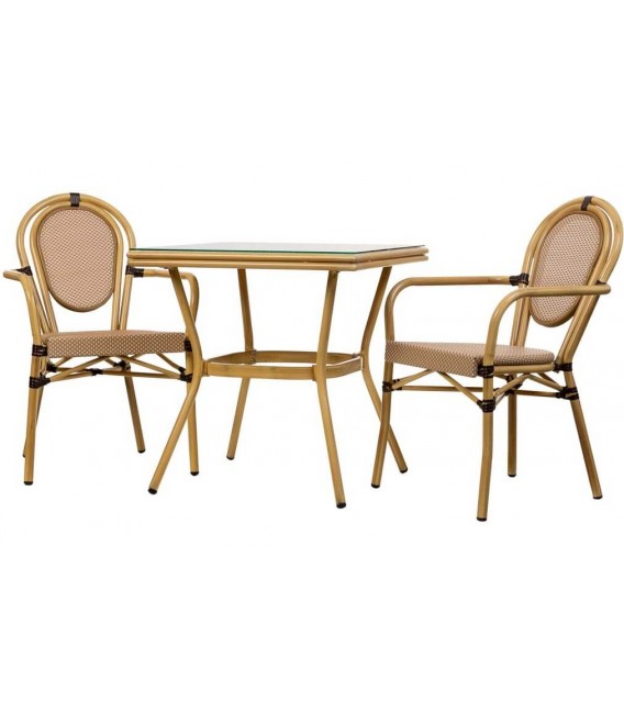 Set mesa y dos sillas de ratán sintético estilo boho exterior 1