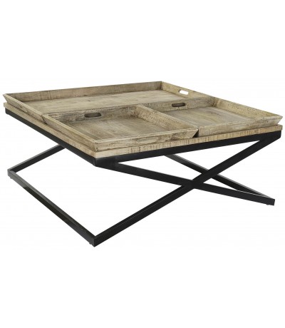 Mesa de centro XL cuadrada de madera maciza y metal con bandejas