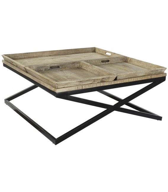 Mesa de centro XL cuadrada de madera maciza y metal con bandejas