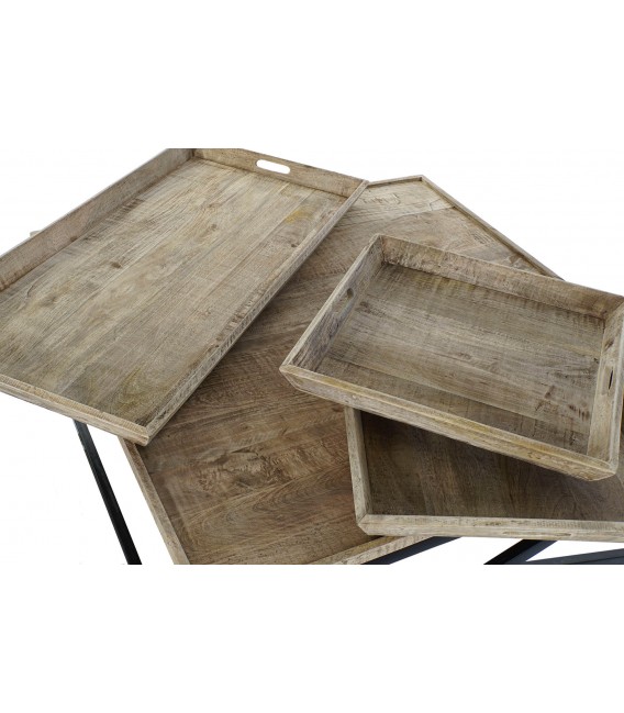 Mesa de centro XL cuadrada de madera maciza y metal con bandejas 3