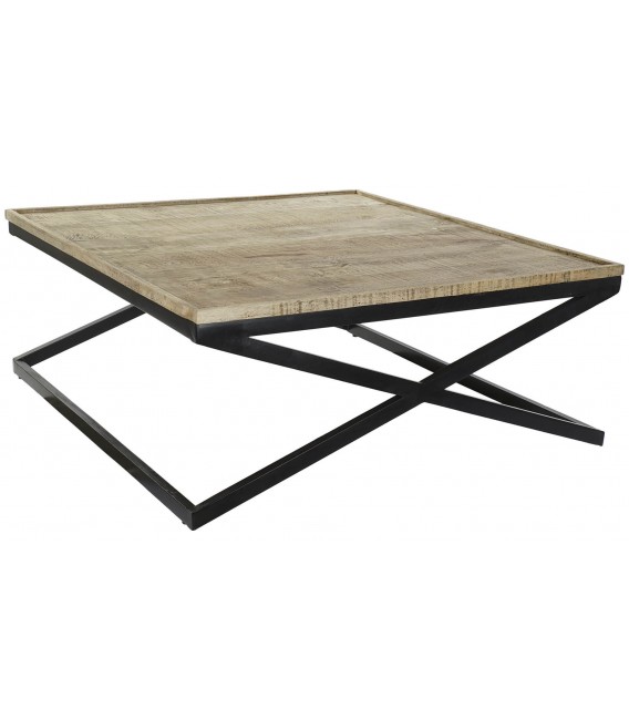 Mesa de centro XL cuadrada de madera maciza y metal con bandejas 2