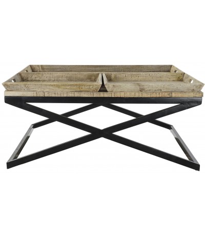 Mesa de centro XL cuadrada de madera maciza y metal con bandejas 1