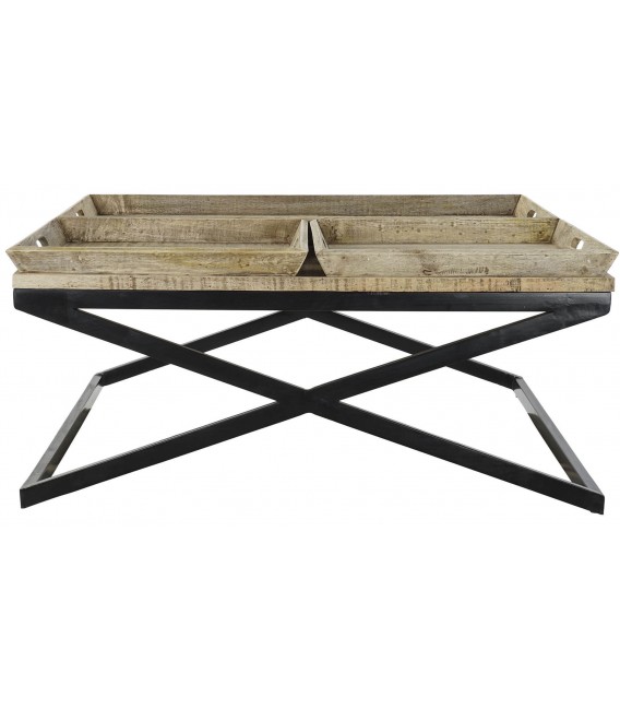 Mesa de centro XL cuadrada de madera maciza y metal con bandejas 1