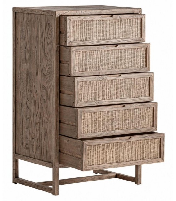 Sinfonier grande de madera maciza de olmo y ratán natural 5 cajones 2