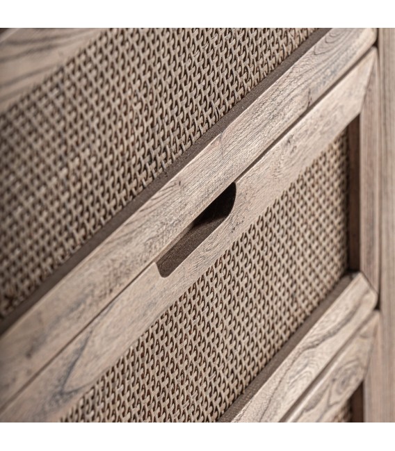 Sinfonier grande de madera maciza de olmo y ratán natural 5 cajones 5