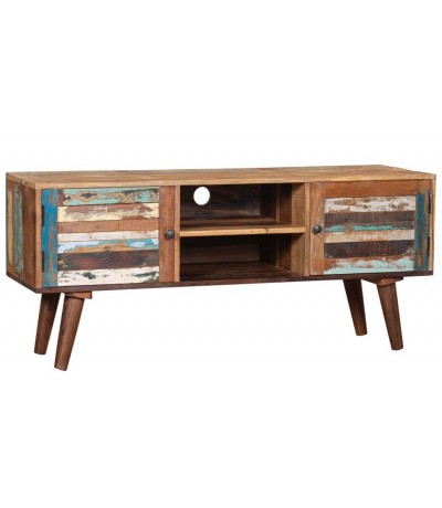 Mueble TV alto de madera maciza recuperada decapada multicolor