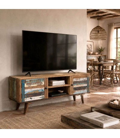 Mueble TV alto de madera maciza recuperada decapada multicolor Mdmhogar