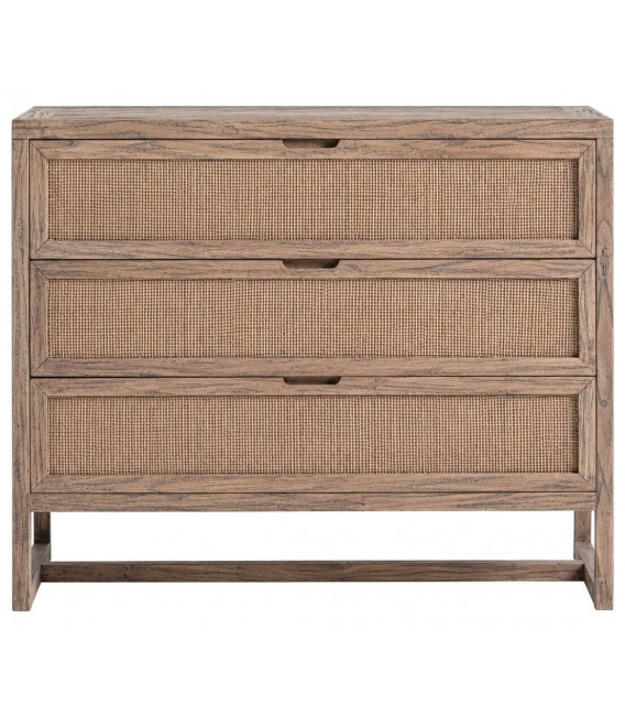 Cómoda de madera maciza de olmo y ratán con 3 cajones 1