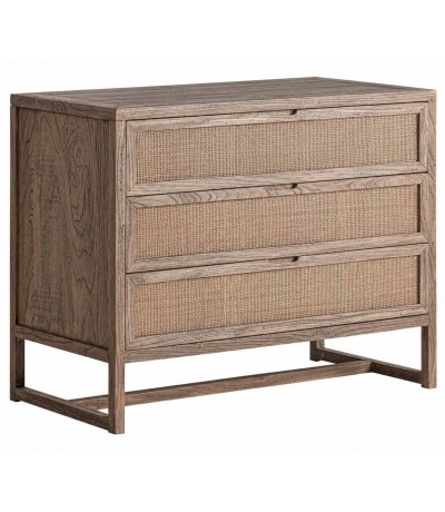 Cómoda de madera maciza de olmo y ratán con 3 cajones