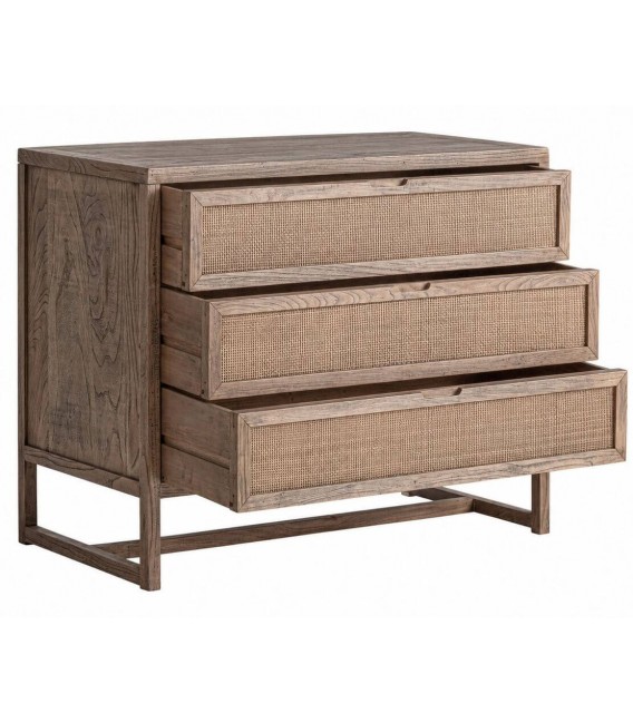 Cómoda de madera maciza de olmo y ratán con 3 cajones 2