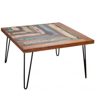 Mesa centro cuadrada madera recuperada decapada multicolor y metal