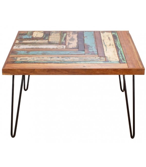Mesa centro cuadrada madera recuperada decapada multicolor y metal 1