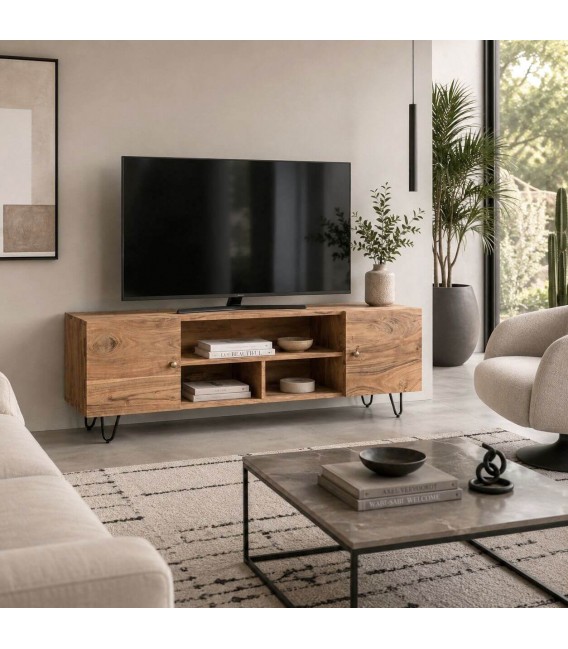 Mueble de televisión de madera maciza de acacia y metal negro Mdmhogar