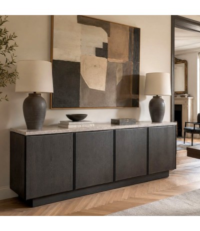 Aparador grande de madera de fresno negro con travertino gris Mdmhogar
