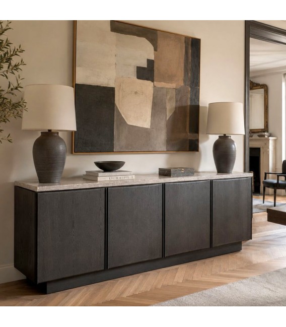 Aparador grande de madera de fresno negro con travertino gris Mdmhogar