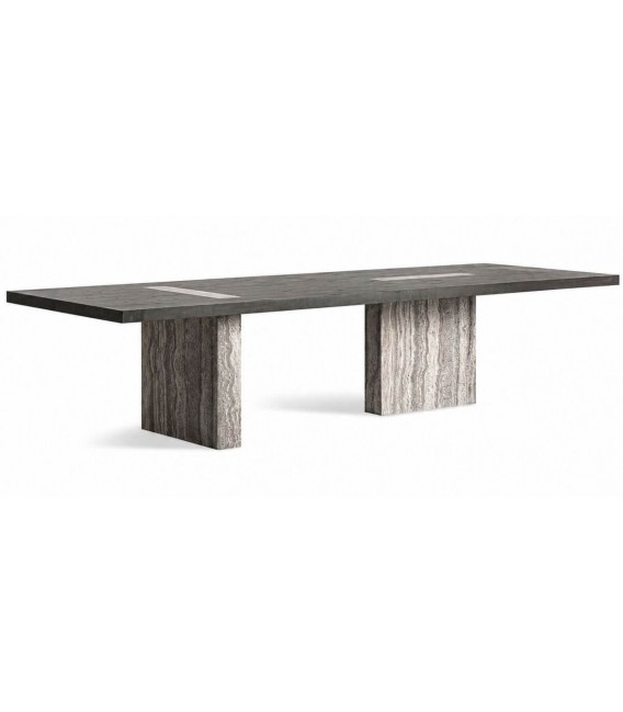 Mesa comedor XXXL de madera de fresno negro y travertino 1