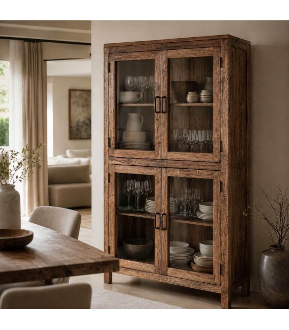 Vitrina boho de madera recuperada y 4 puertas de cristal Mdmhogar
