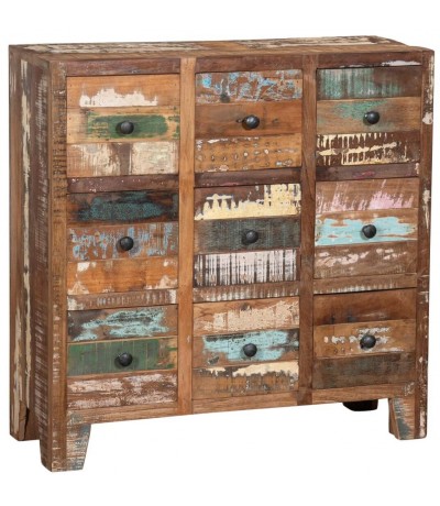 Cómoda pequeña de madera recuperada con 9 cajones decapada multicolor