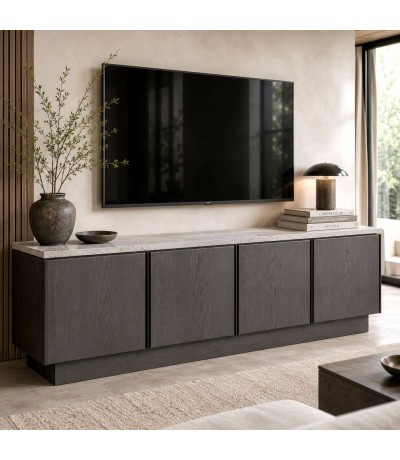 Mueble de TV grande de madera de fresno negro y travertino gris Mdmhogar