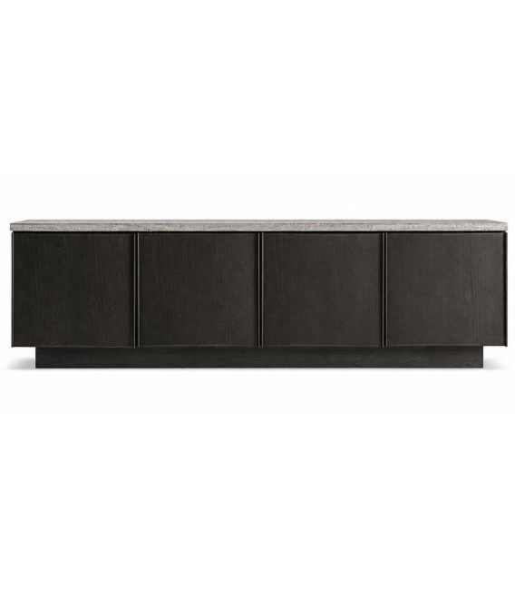 Mueble de TV grande de madera de fresno negro y travertino gris 2