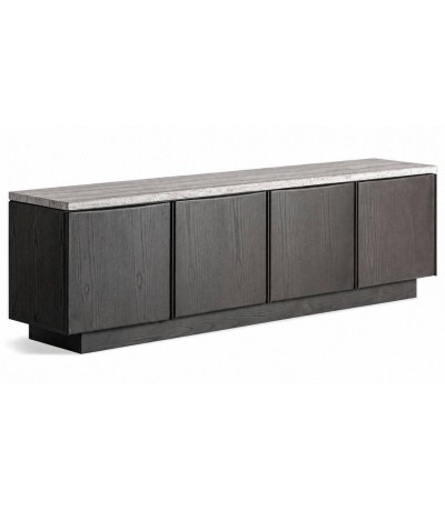 Mueble de TV grande de madera de fresno negro y travertino gris 1