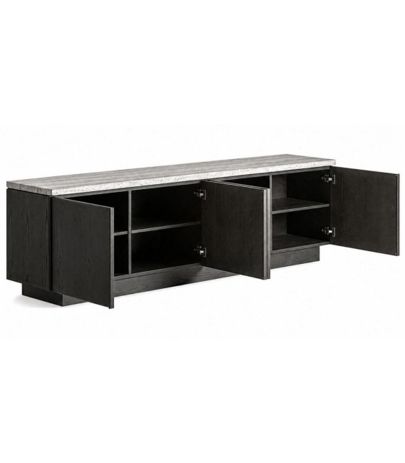 Mueble de TV grande de madera de fresno negro y travertino gris 3