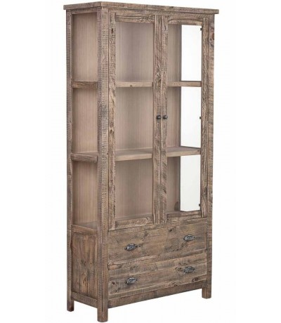 Vitrina de madera maciza de pino con dos puertas y cajones rústica