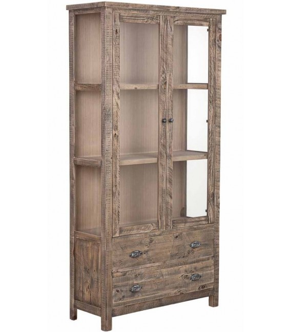 Vitrina de madera maciza de pino con dos puertas y cajones rústica