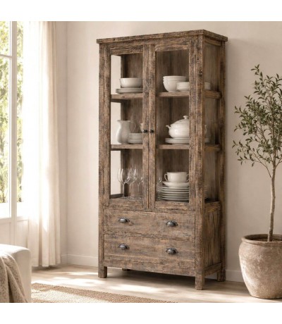 Vitrina de madera maciza de pino con dos puertas y cajones rústica Mdmhogar