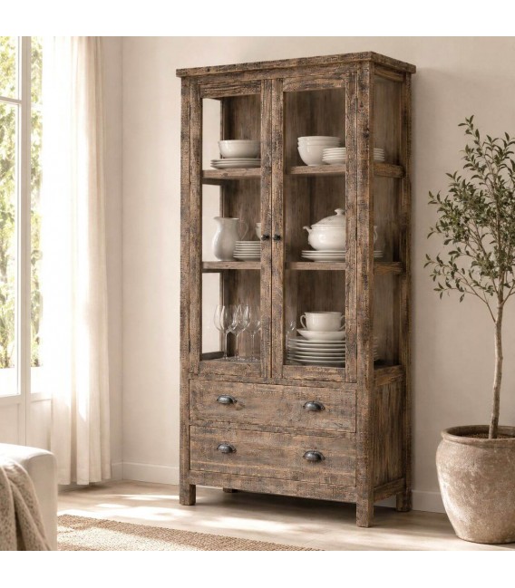 Vitrina de madera maciza de pino con dos puertas y cajones rústica Mdmhogar