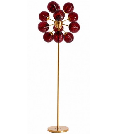 Lámpara pie 12 luces metal dorado y cristal rojo art decó