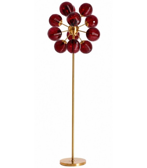 Lámpara pie 12 luces metal dorado y cristal rojo art decó
