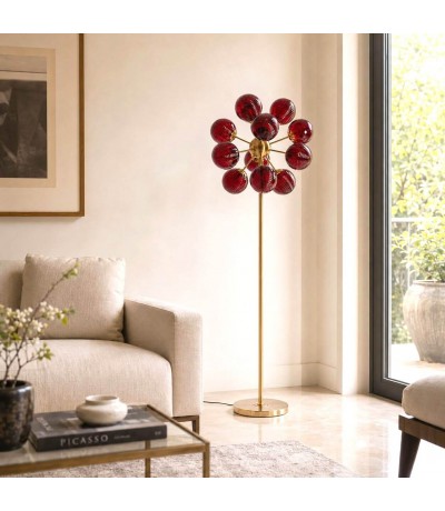 Lámpara pie 12 luces metal dorado y cristal rojo art decó Mdmhogar