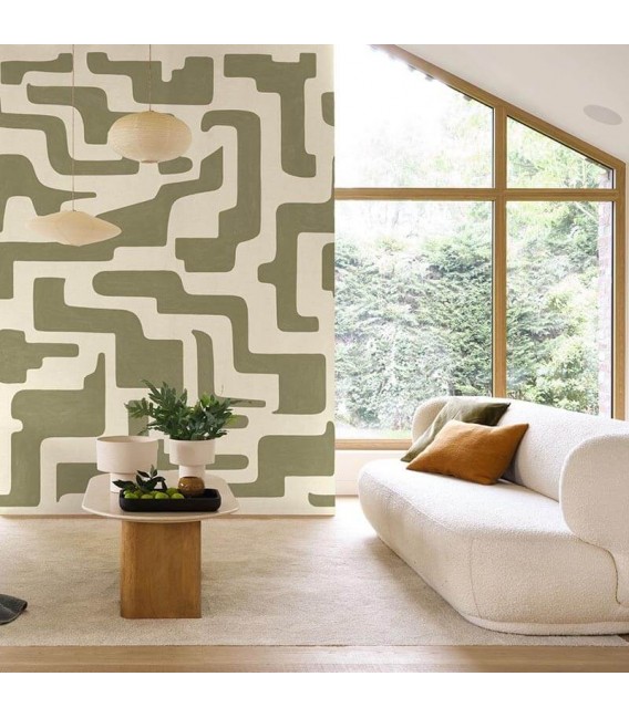 Mural papel pintado beige y verde moderno acabado semi mate 1