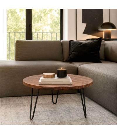 Mesa centro redonda pequeña madera acacia nogal patas metal negro Mdmhogar