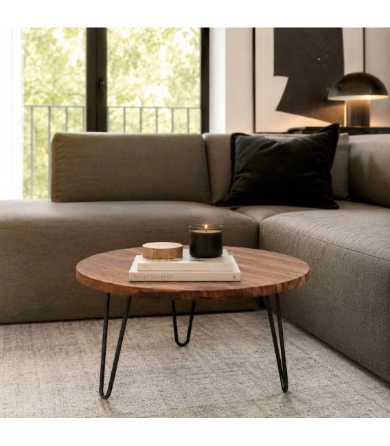 Mesa centro redonda pequeña madera acacia nogal patas metal negro Mdmhogar