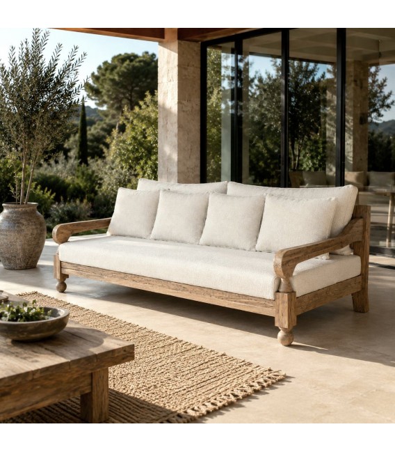 Sofá exterior 4 plazas  XXL teca reciclada y textil blanco boho Mdmhogar