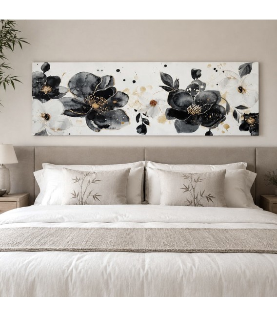 Cuadro horizontal floral foto impresión negro y dorado oriental Mdmhogar