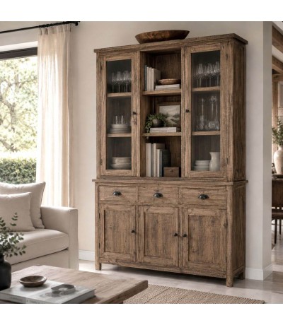Vitrina XL rústica en pino macizo y metal gris oscuro elegante Mdmhogar