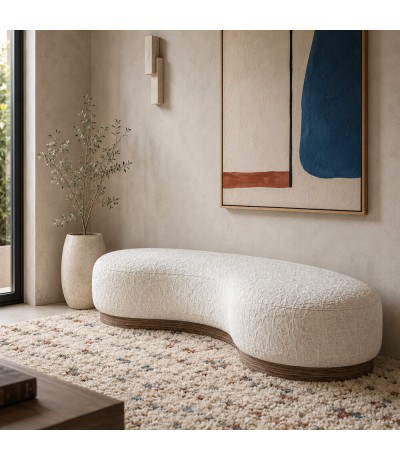 Puf XXL forma riñon jacquard blanco roto con base madera natural Mdmhogar