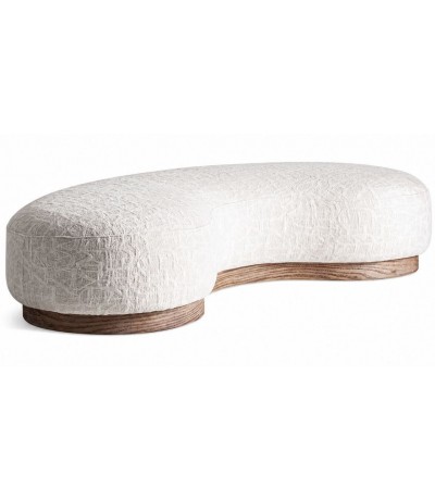 Puf XXL forma riñon jacquard blanco roto con base madera natural