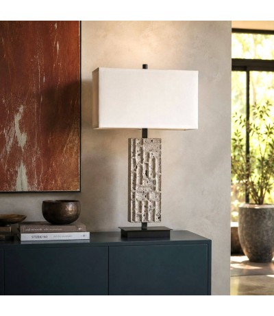 Lámpara sobremesa mármol gris pantalla blanca elegante Mdmhogar
