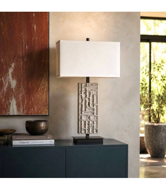 Lámpara sobremesa mármol gris pantalla blanca elegante Mdmhogar