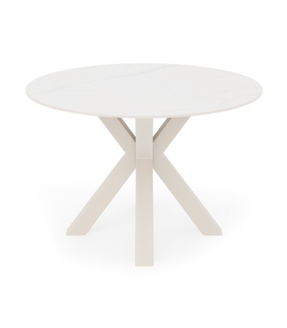 Mesa redonda beige de metal y porcelánico efecto mármol con vetas.1