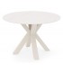 Mesa redonda beige de metal y porcelánico efecto mármol con vetas.