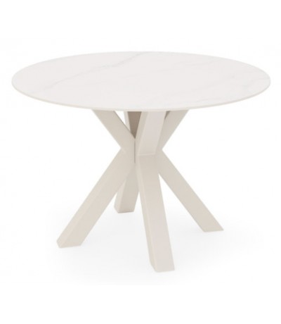 Mesa redonda beige de metal y porcelánico efecto mármol con vetas.