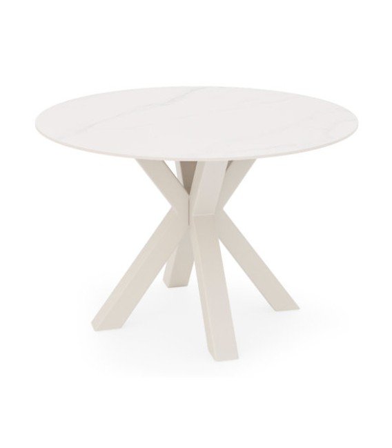 Mesa redonda beige de metal y porcelánico efecto mármol con vetas.
