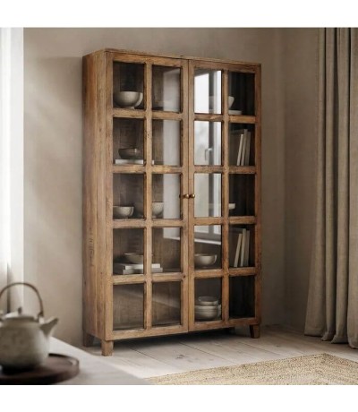 Vitrina XL madera de mango natural con cristal y tiradores dorados  Mdmhogar