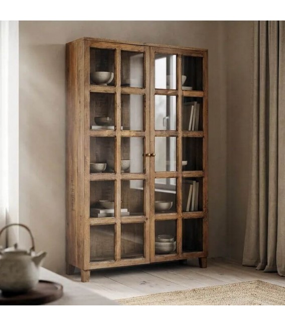 Vitrina XL madera de mango natural con cristal y tiradores dorados  Mdmhogar
